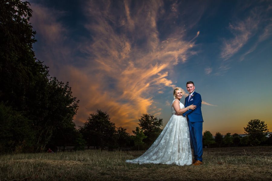 07 bride groom sunset the great barn aynho oxfordshire john fox wedding photography